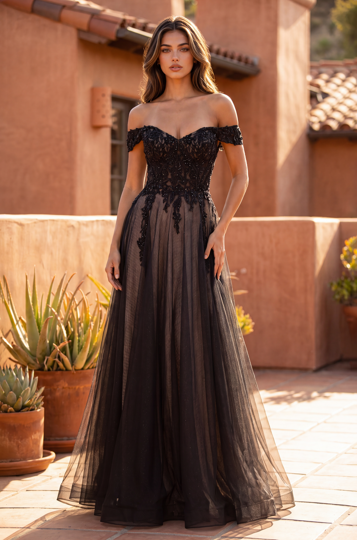 Long Off-the-Shoulder Corset Formal Dress – Black/Nude