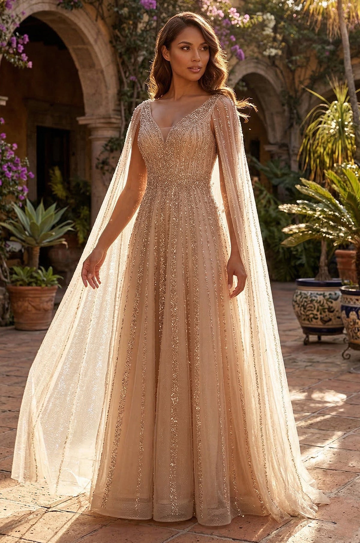 Navy Cape Sleeve Beaded Evening Gown – Gold