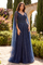 Navy Cape Sleeve Beaded Evening Gown – Gold