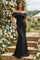Black Long Crepe Off Shoulder Jewel Trim Formal Column Gown