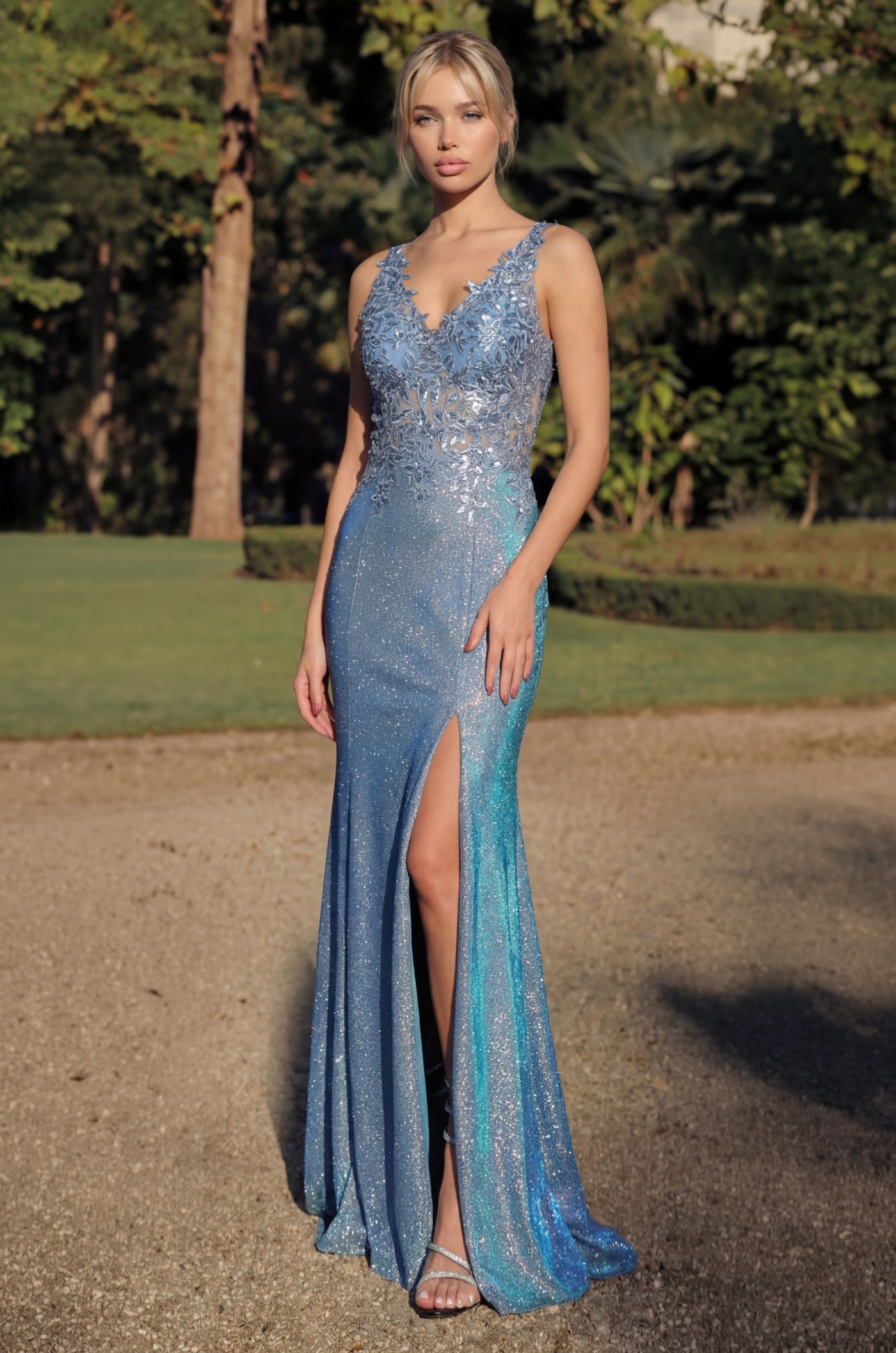Formal Dresses Long V Neck Metalic Formal Dress Periwinkle