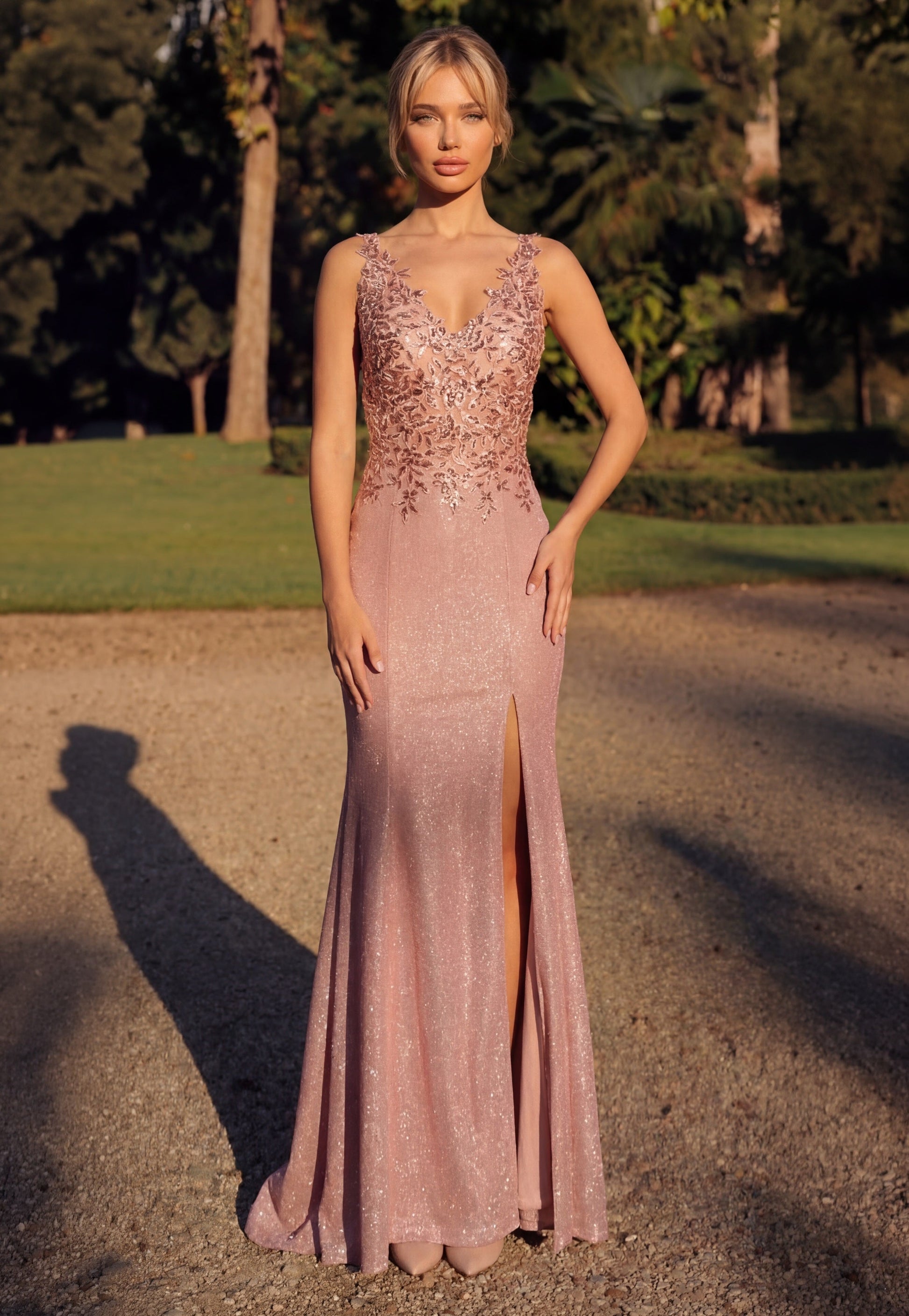 Metallic Long V-Neck Sleeveless Evening Dress
