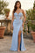 Long Blue Satin Corset Prom Dress with High Slit