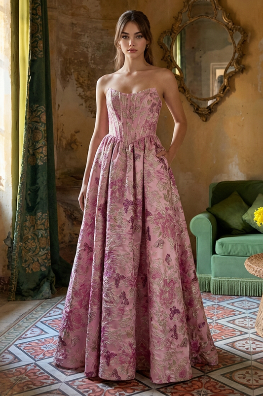 Long Pink Floral Jacquard Corset Prom Dress