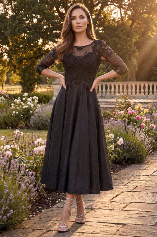 Glitter Swirl Embroidered A Line Formal Dress in Black