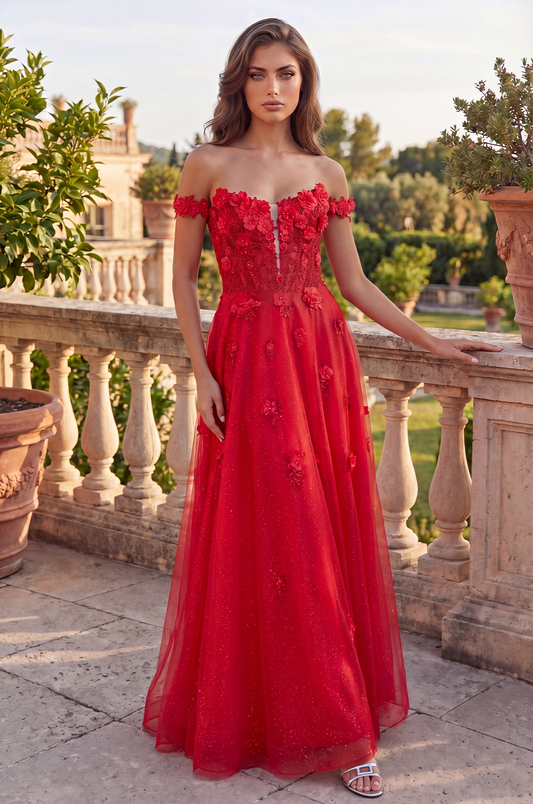 Red Lace Long Prom Dress with Floral Straps for Women