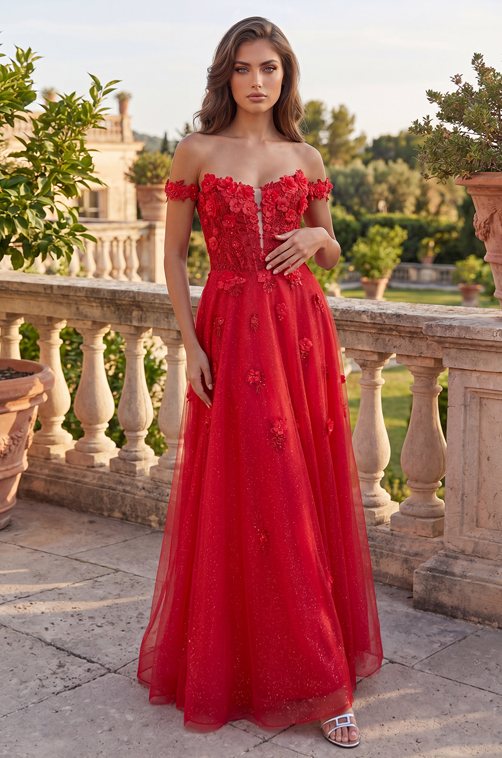 Red Lace Long Prom Dress with Floral Straps for Women