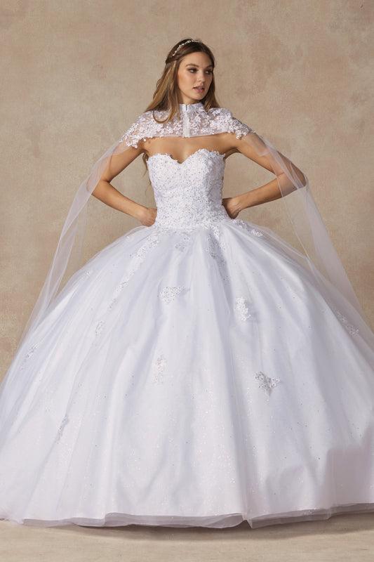 Long Ball Gown Strapless Quinceanera Cape Dress
