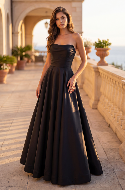 Prom Dresses Long Corset Formal Pleated Prom Ball Gown Black