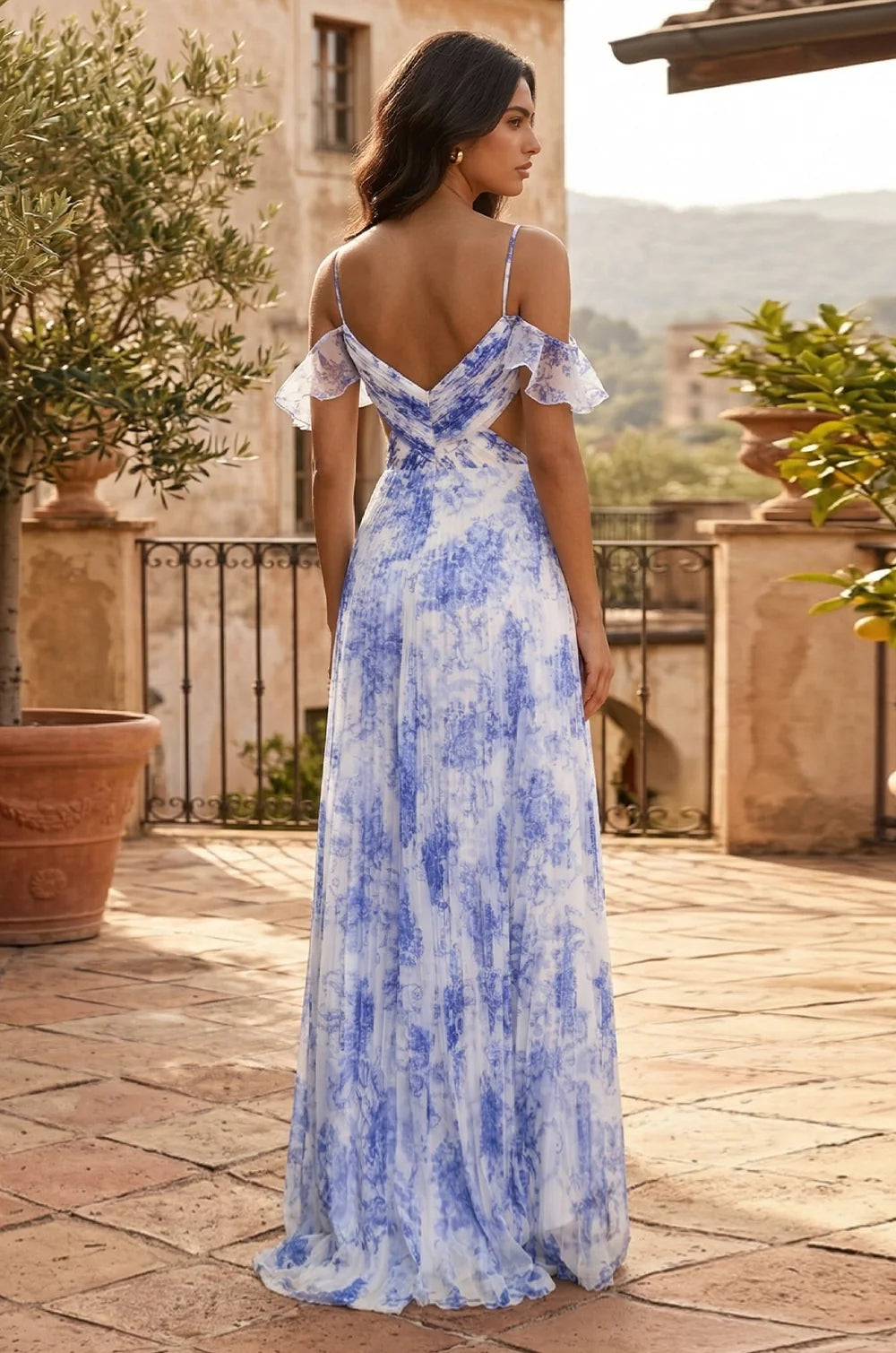 Blue Chiffon Long Prom Dress with V-Neck & Side Cutouts