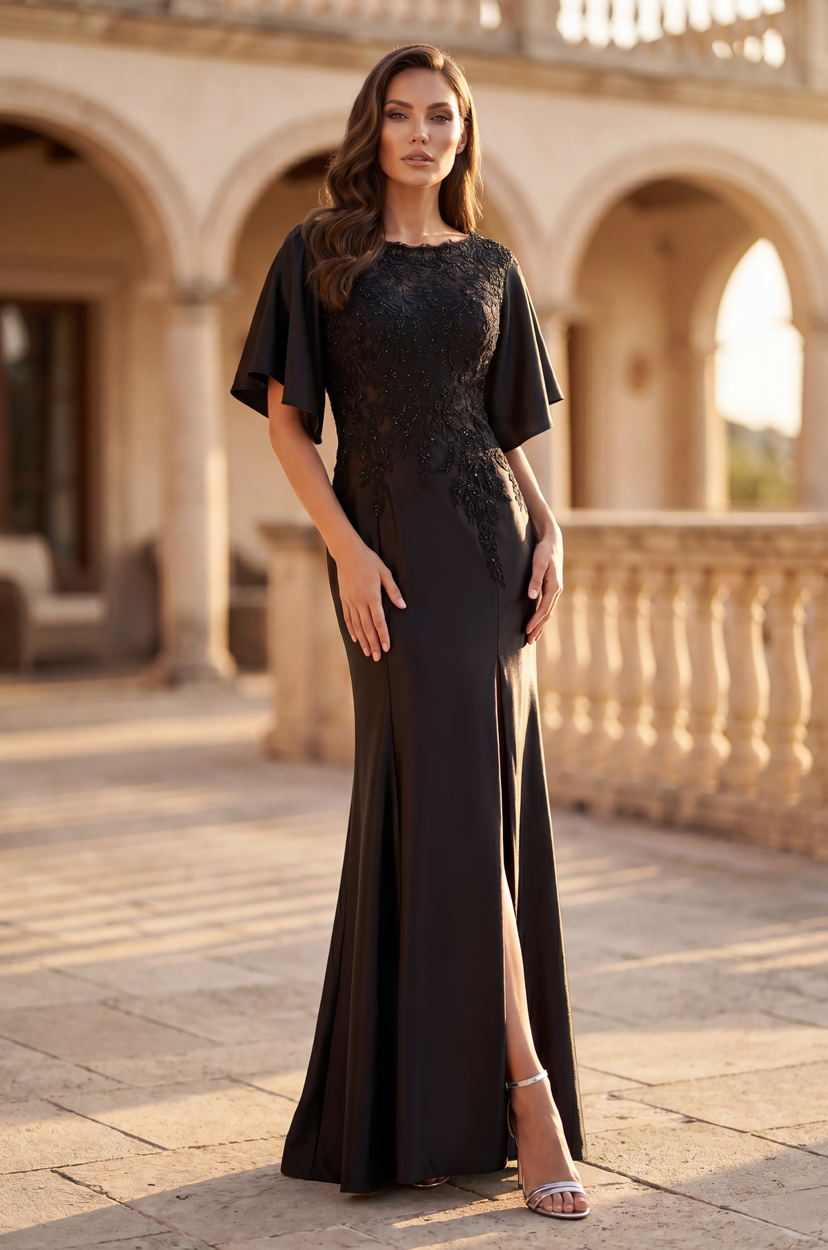 Lace Applique Flutter Sleeve Evening Gown – Black