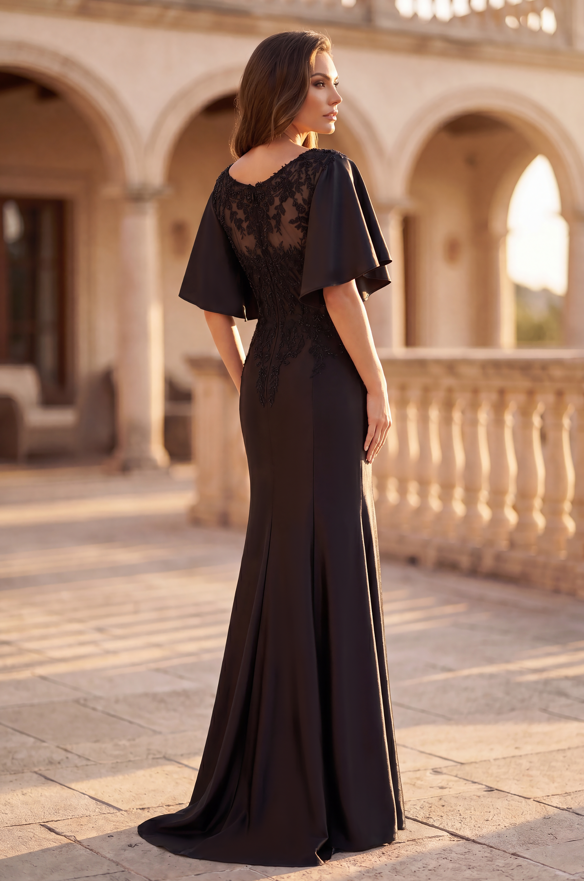 Lace Applique Flutter Sleeve Evening Gown – Black