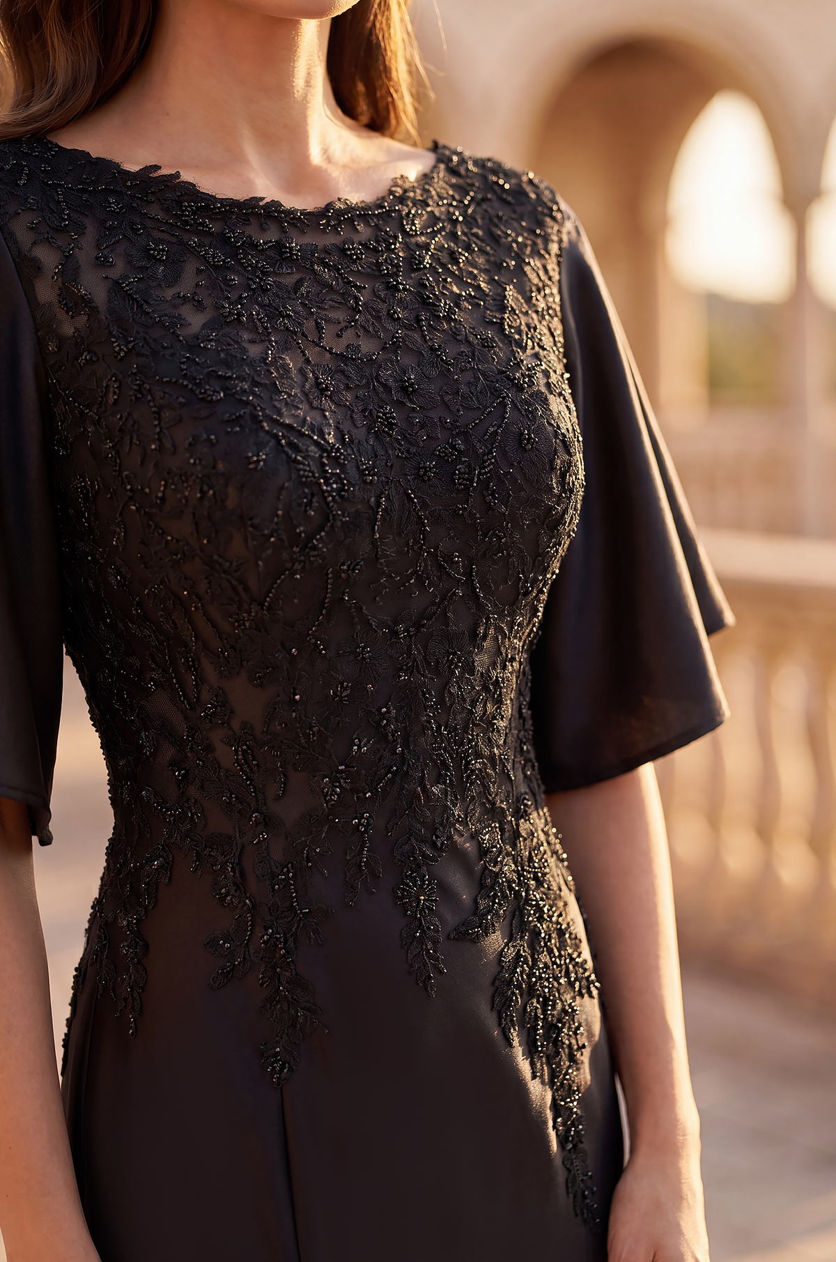 Lace Applique Flutter Sleeve Evening Gown – Black