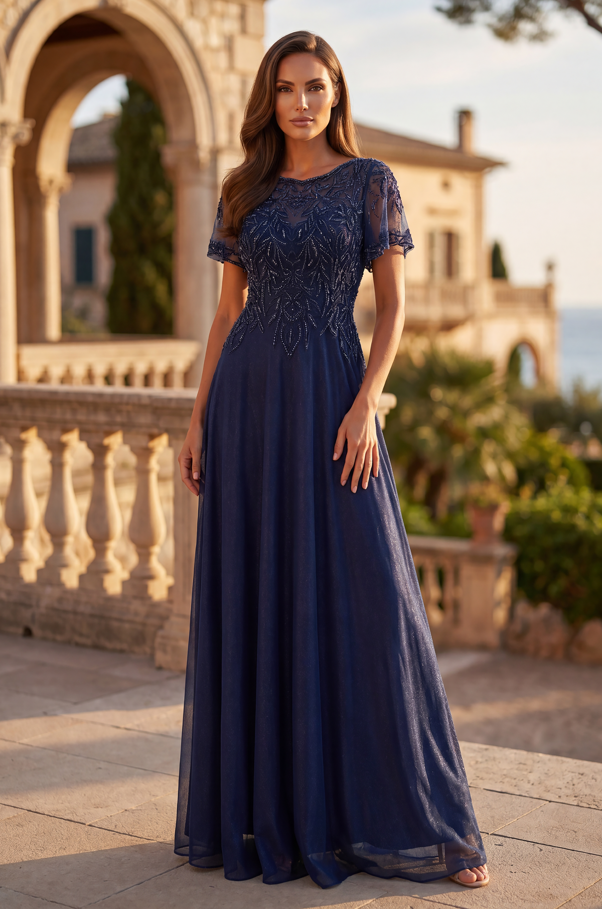 Long Formal Dress Flutter Sleeve Evening Gown – Navy