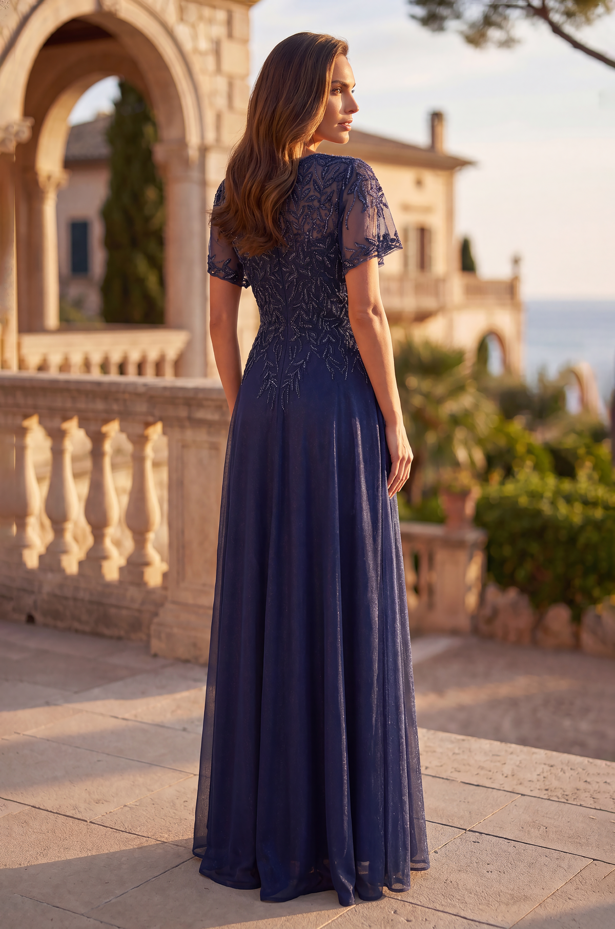 Long Formal Dress Flutter Sleeve Evening Gown – Navy