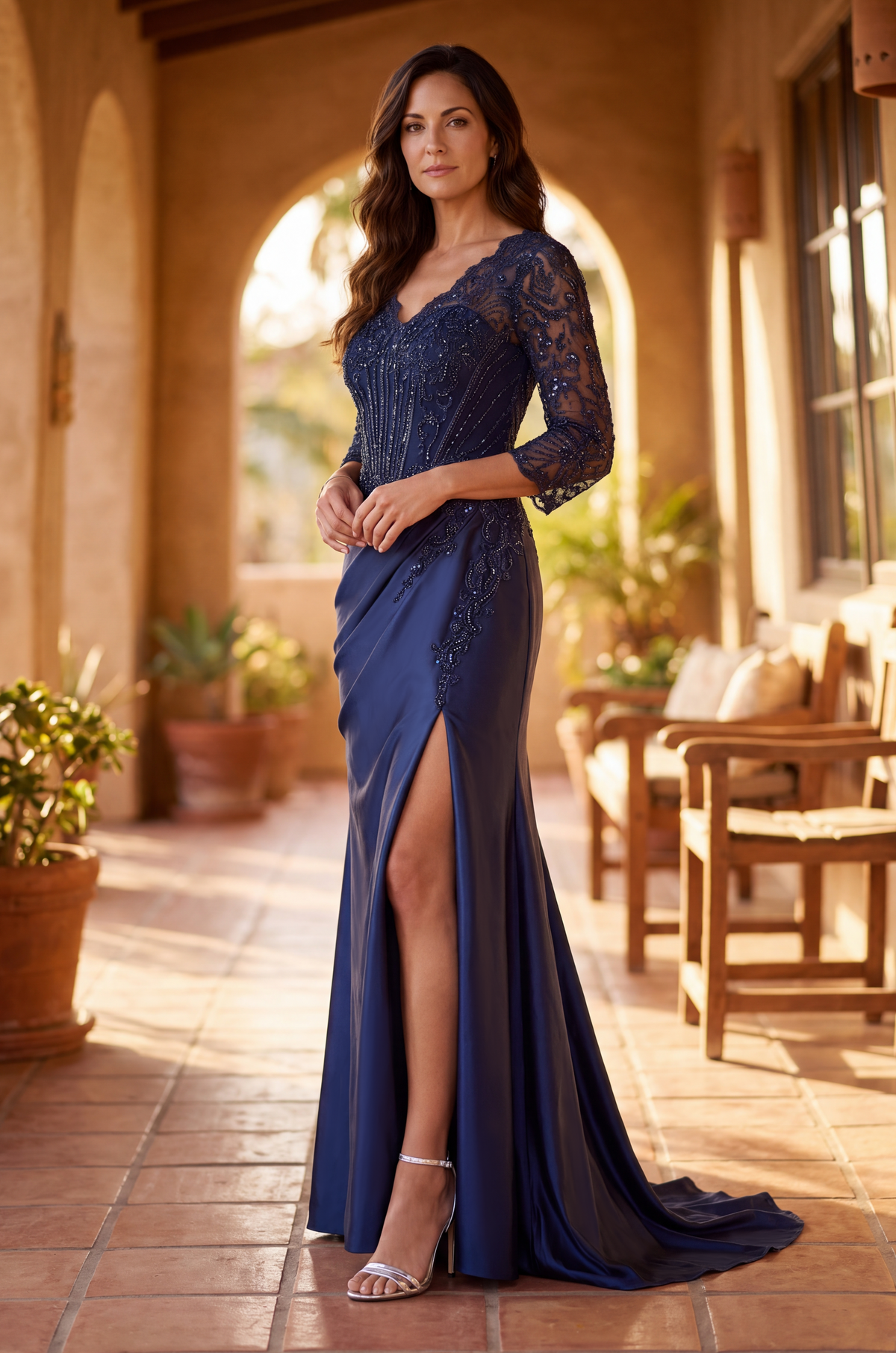 V Neck Beaded Evening Gown Long Sleeve Formal Dress – Emerald Green