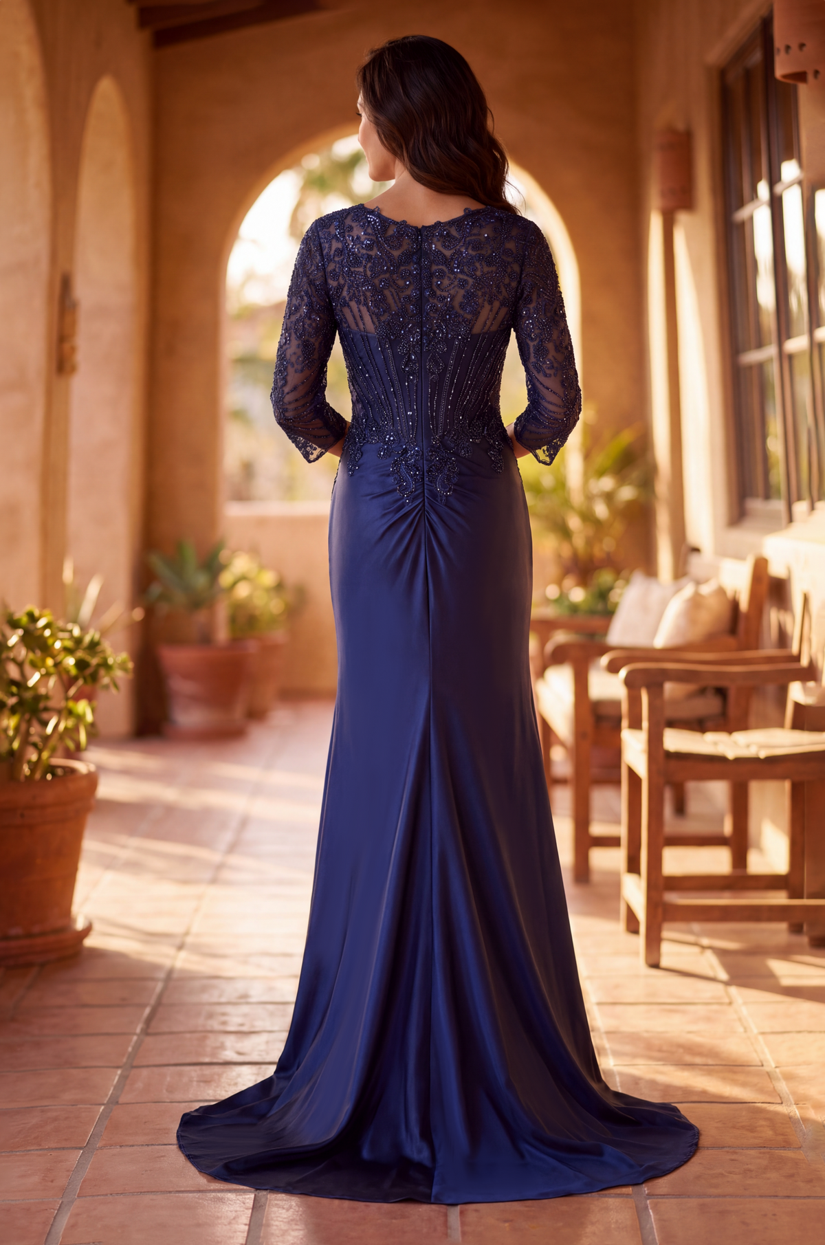 V Neck Beaded Evening Gown Long Sleeve Formal Dress – Emerald Green