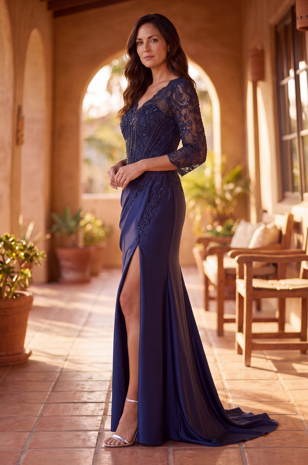 V Neck Beaded Evening Gown Long Sleeve Formal Dress – Emerald Green
