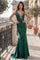Sequin Beaded Long Formal V Neck Mermaid Prom Dress in Emerald Green
