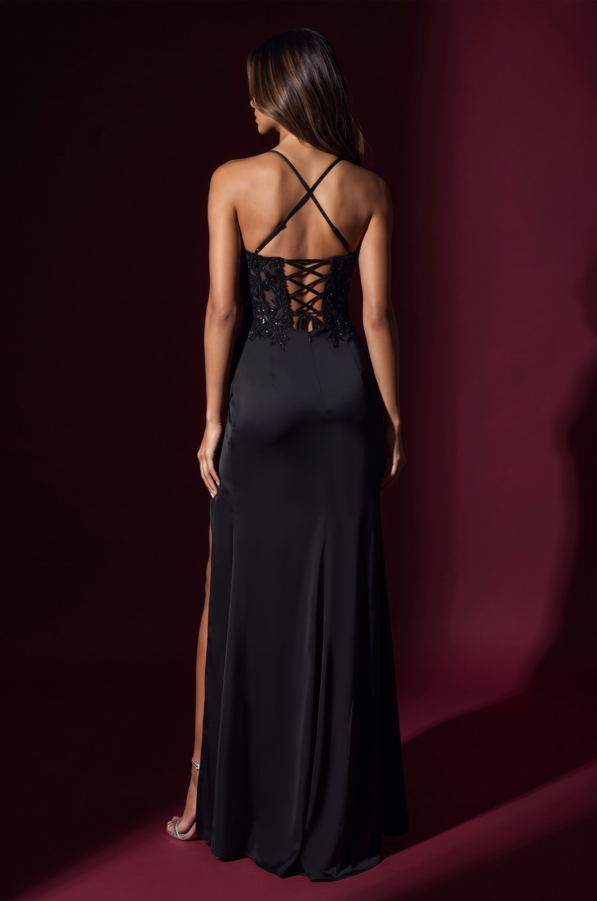 Sequin Floral Lace Bodice Long Formal Dress – Black