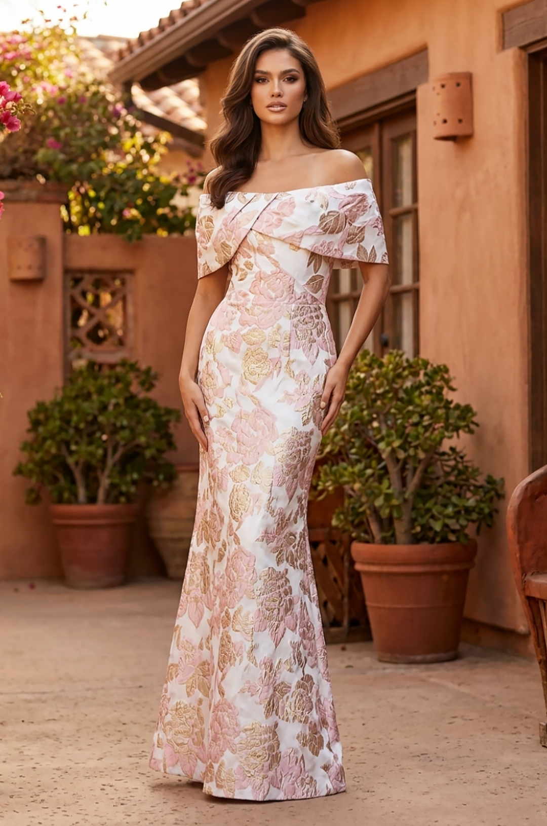 Off-the-Shoulder Floral Jacquard Mermaid Evening Formal Dress – Pink