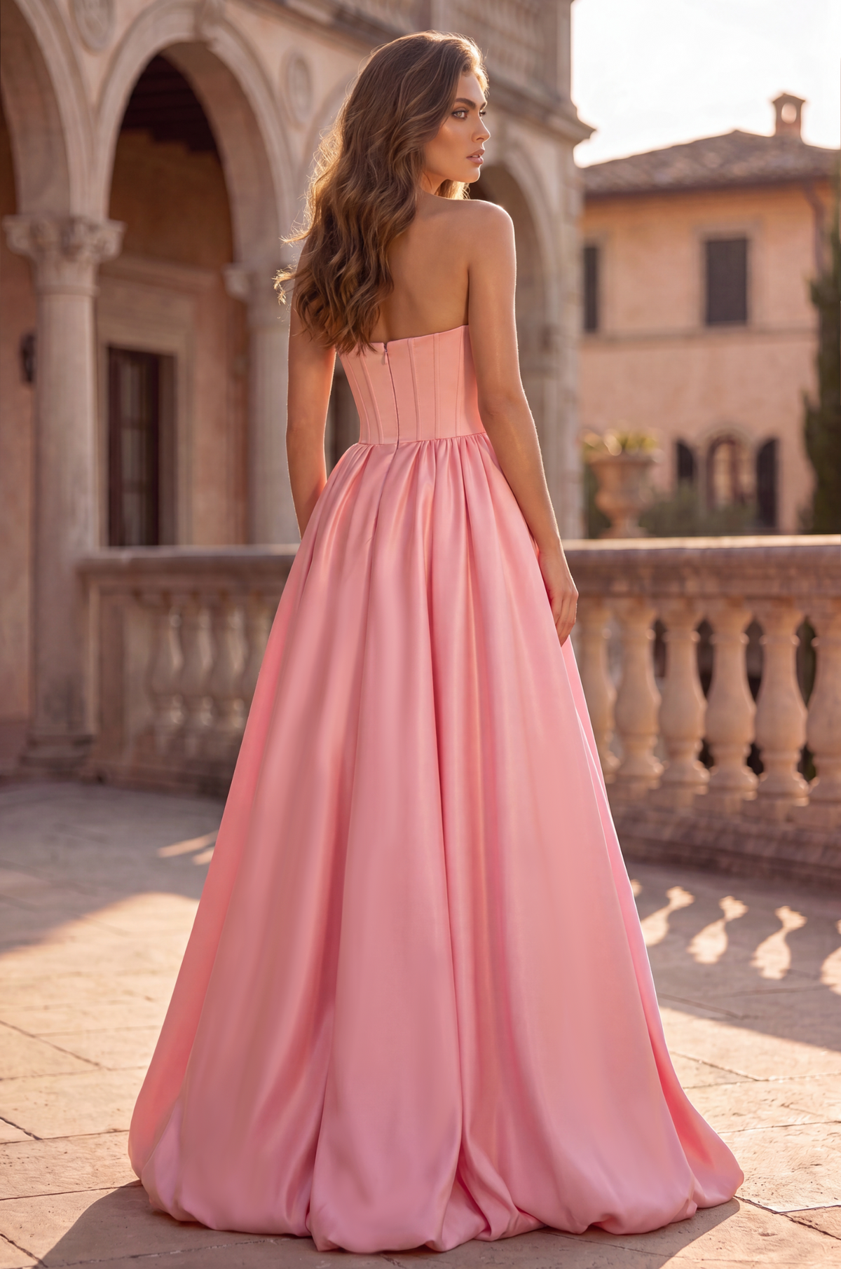 Long Satin Prom Ball Gown with Sweetheart Corset Bodice – Coral
