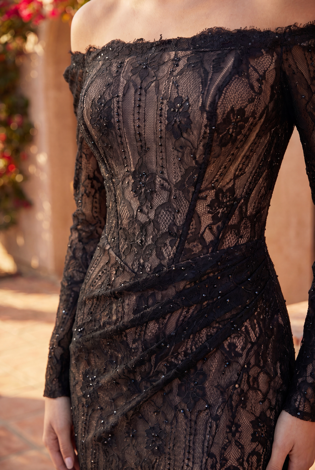 Corset Long sleeve Fitted Lace Evening Formal Dress – Black/Nude