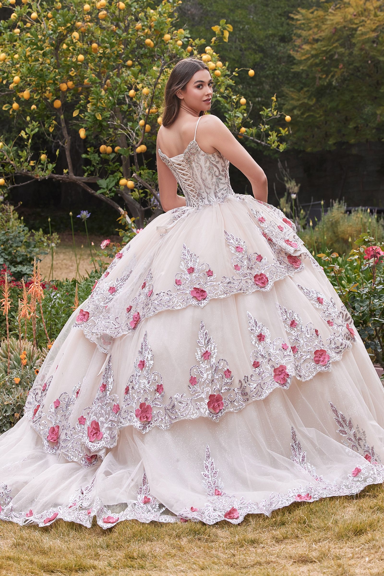 Quinceniera Dresses Long Ball Gown Floral Sweet 16 Quinceanera Dress Champagne