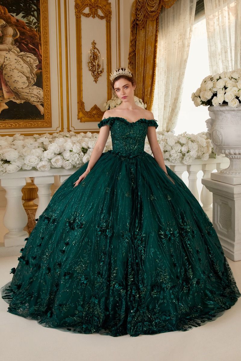 Quinceniera Dresses Ball Gown Long Glitter Floral Quinceanera Dress Emerald