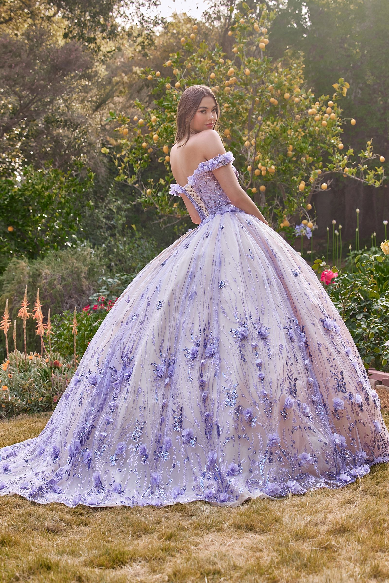 Quinceniera Dresses Ball Gown Long Glitter Floral Quinceanera Dress Lilac