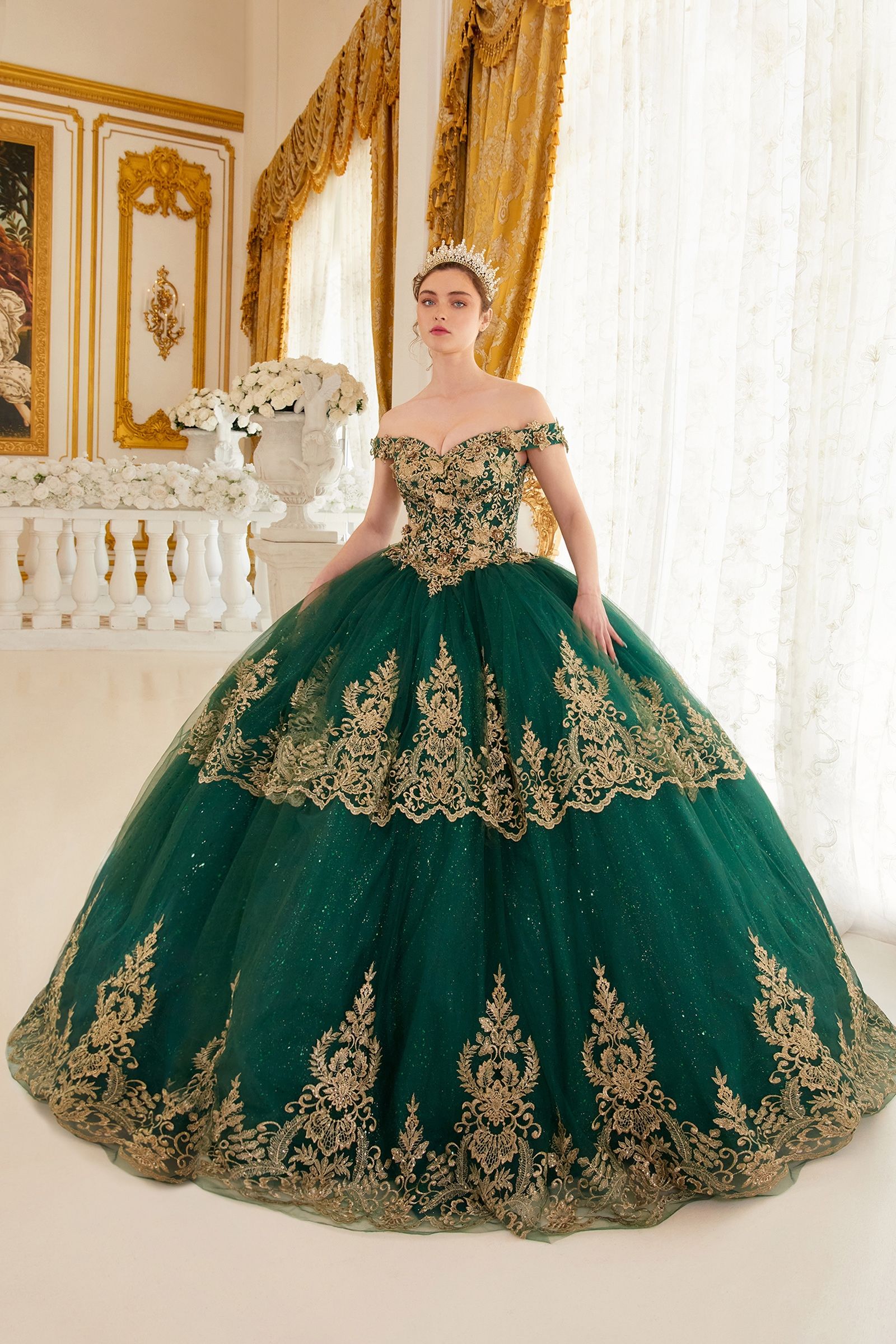 Quinceniera Dresses Ball Gown Long Lace Quinceanera Dress Emerald