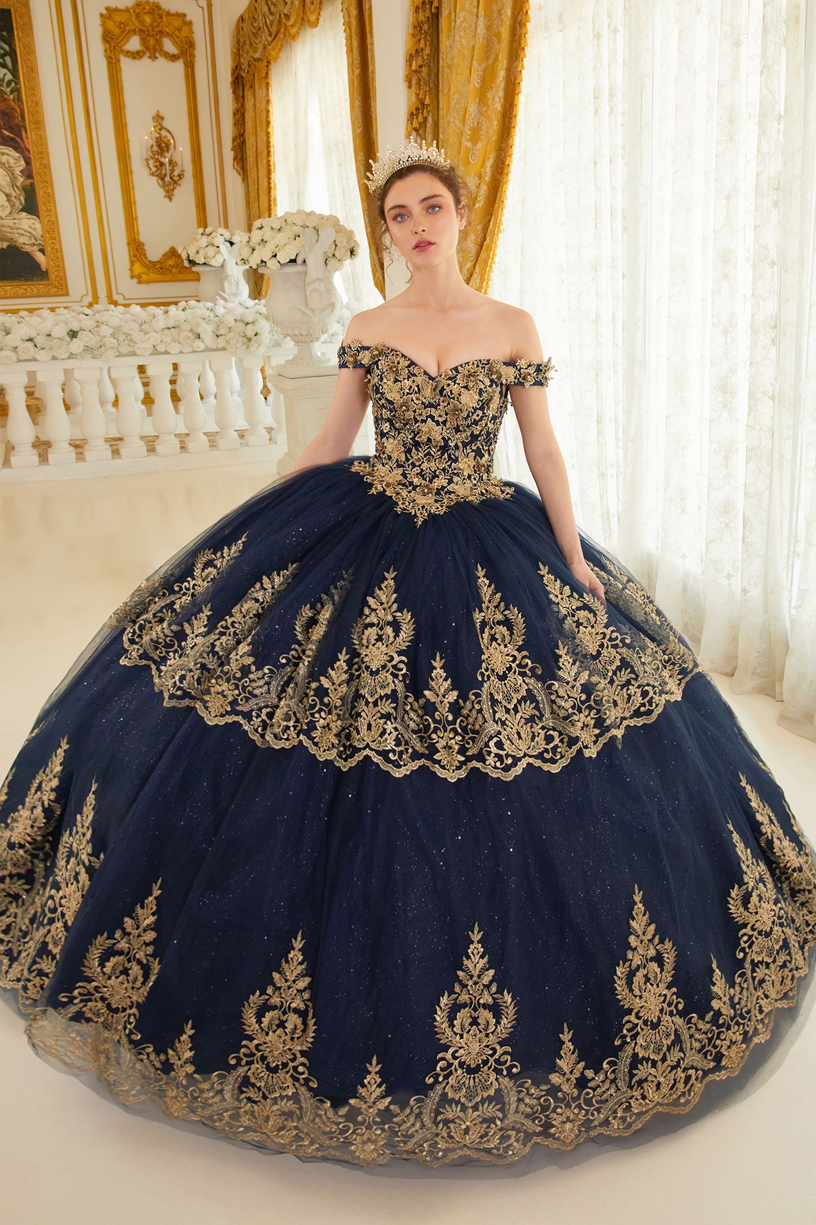 Quinceniera Dresses Ball Gown Long Lace Quinceanera Dress Navy Gold