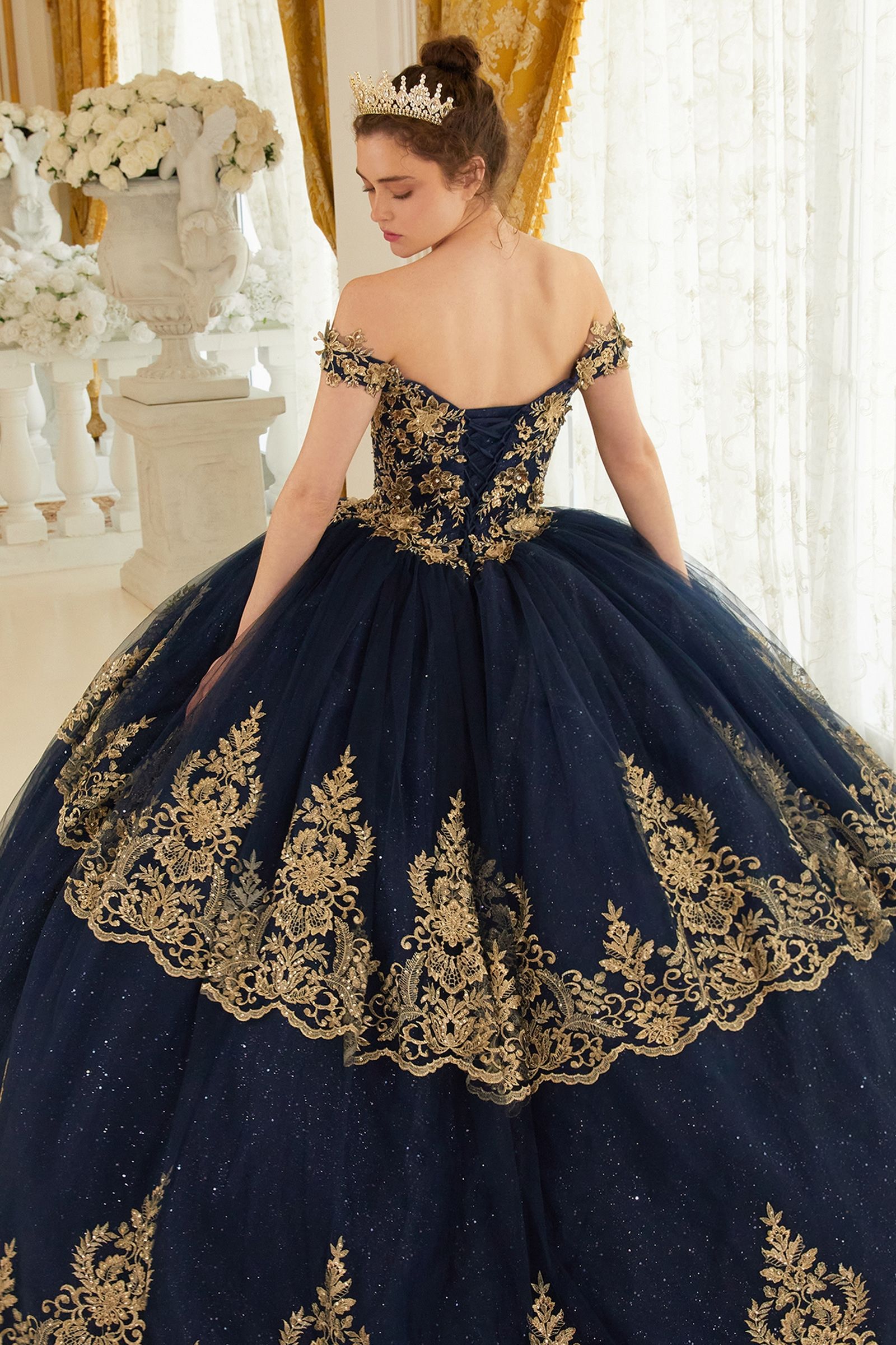 Quinceniera Dresses Ball Gown Long Lace Quinceanera Dress Navy Gold