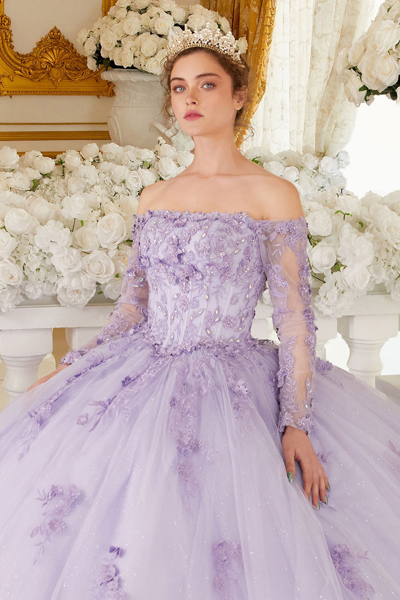 Quinceniera Dresses Ball Gown Long Lace Floral Sweet 16 Quinceanera Dress Lilac