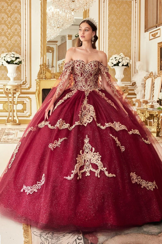 Quinceniera Dresses Long Applique Glitter Quinceanera Ball Gown Burgundy