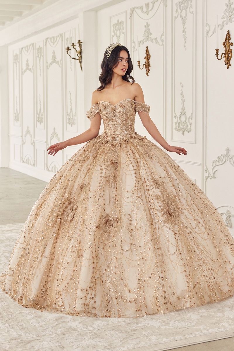 Quinceniera Dresses Long Ball Gown Glitter Print Quinceanera Dress Champagne