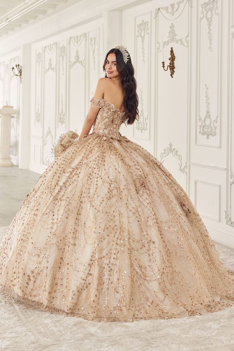 Quinceniera Dresses Long Ball Gown Glitter Print Quinceanera Dress Champagne