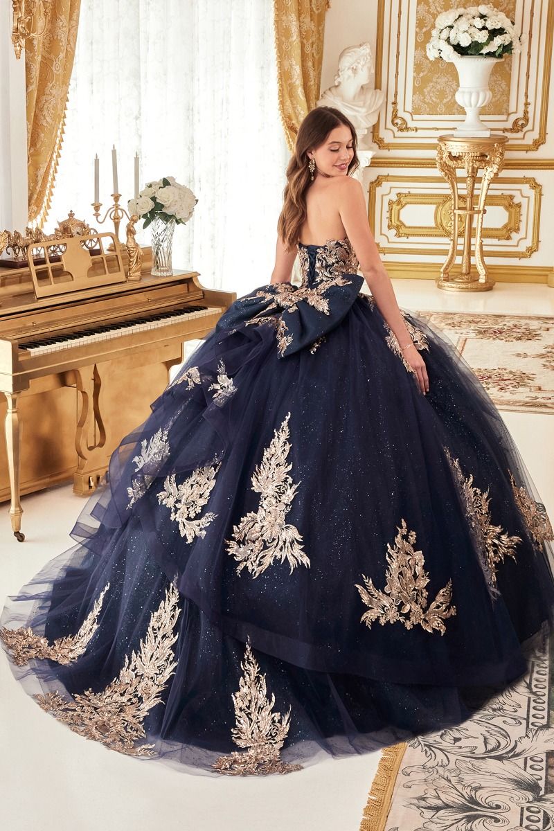 Quinceniera Dresses Long Ball Gown Lace Applique Quinceanera Dress Navy Gold