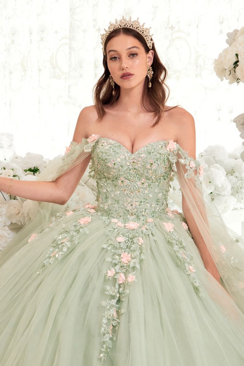 Quinceniera Dresses Long Floral Applique Cape Quinceanera Dress Sage