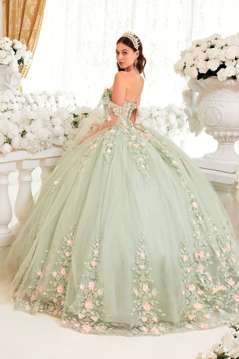 Quinceniera Dresses Long Floral Applique Cape Quinceanera Dress Sage