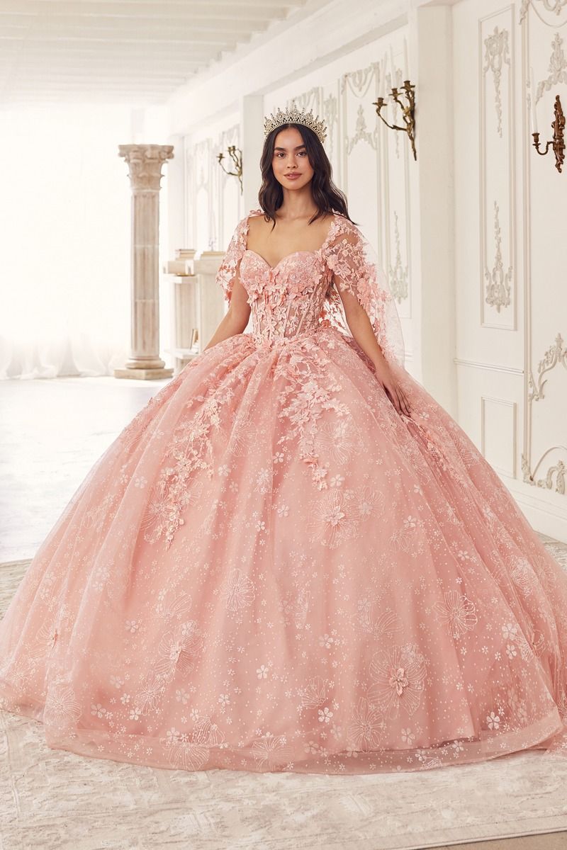 Quinceniera Dresses Long Floral Ball Gown Cape Quinceanera Dress Blush