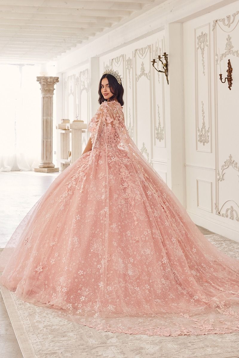 Quinceniera Dresses Long Floral Ball Gown Cape Quinceanera Dress Blush