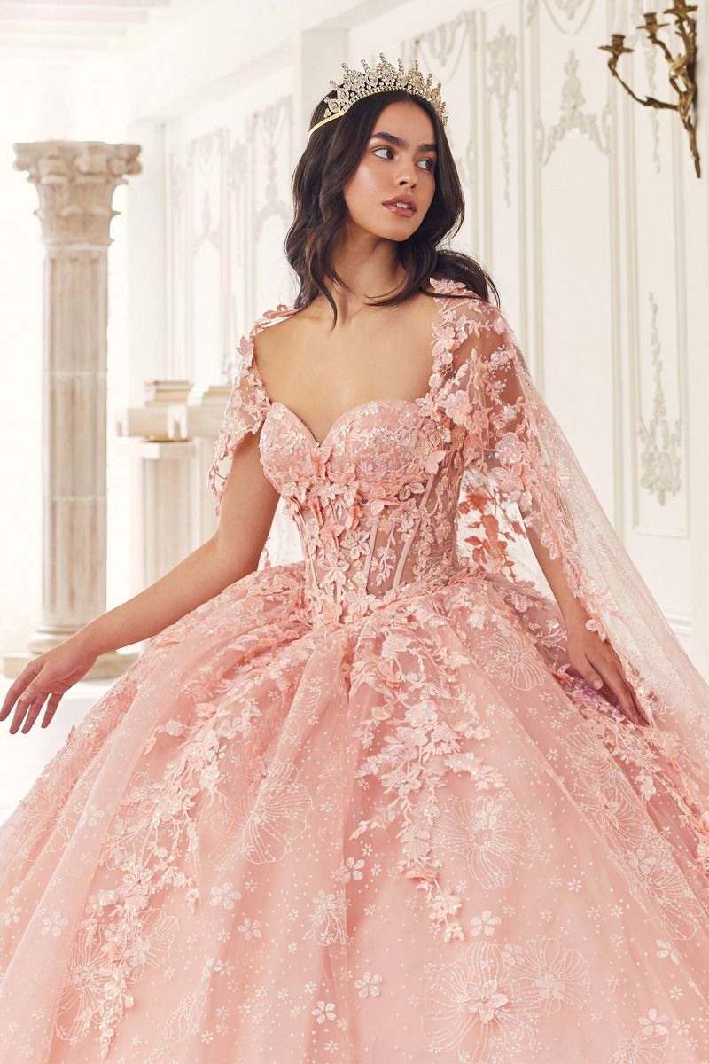 Quinceniera Dresses Long Floral Ball Gown Cape Quinceanera Dress Blush