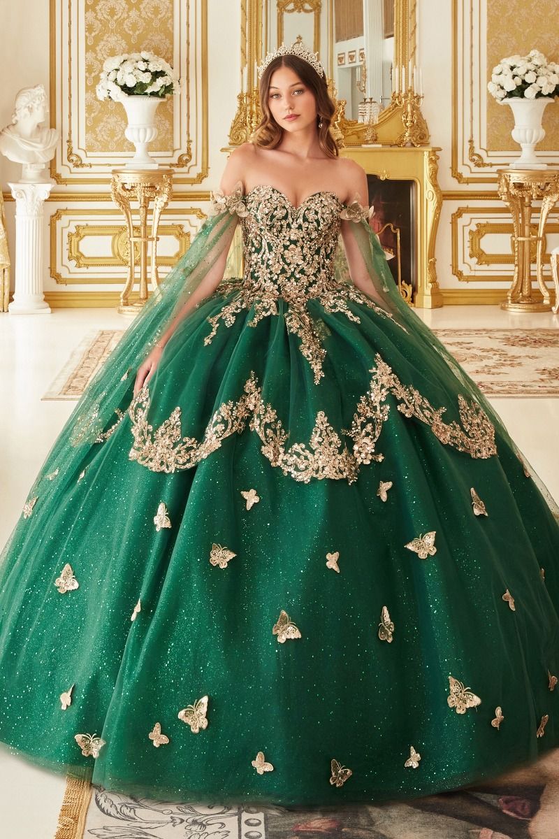 Quinceniera Dresses Long Ball Gown Cape Quinceanera Dress Emerald