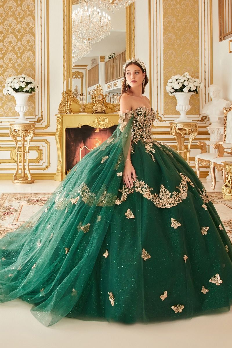 Quinceniera Dresses Long Ball Gown Cape Quinceanera Dress Emerald