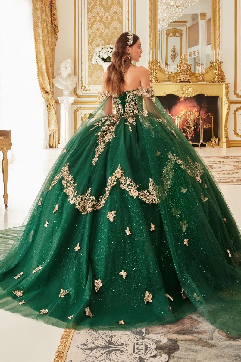 Quinceniera Dresses Long Ball Gown Cape Quinceanera Dress Emerald