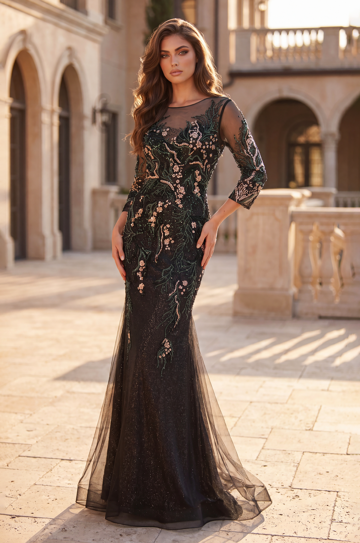 Floral Beaded Bodice Long Formal Evening Dress – Black