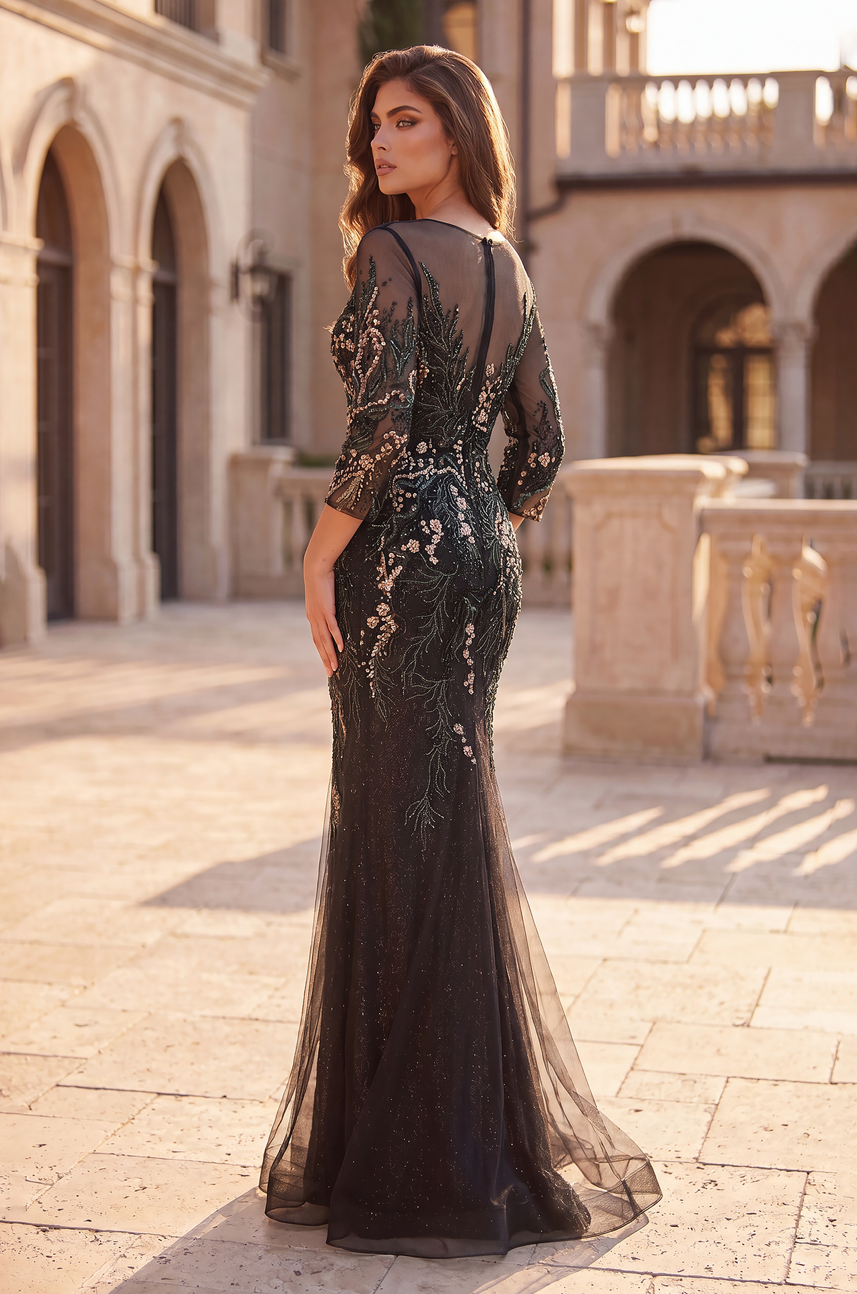 Floral Beaded Bodice Long Formal Evening Dress – Black