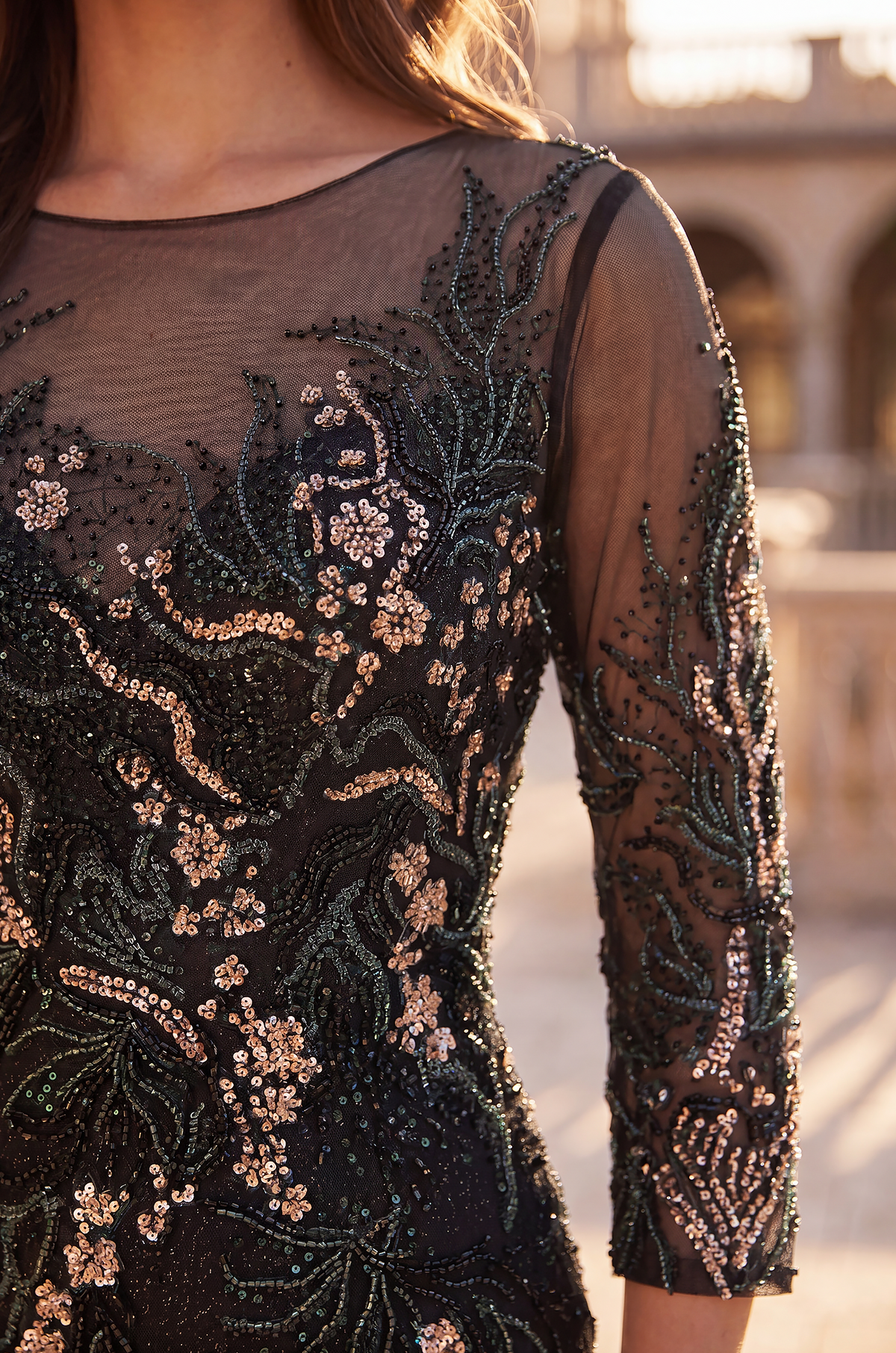 Floral Beaded Bodice Long Formal Evening Dress – Black