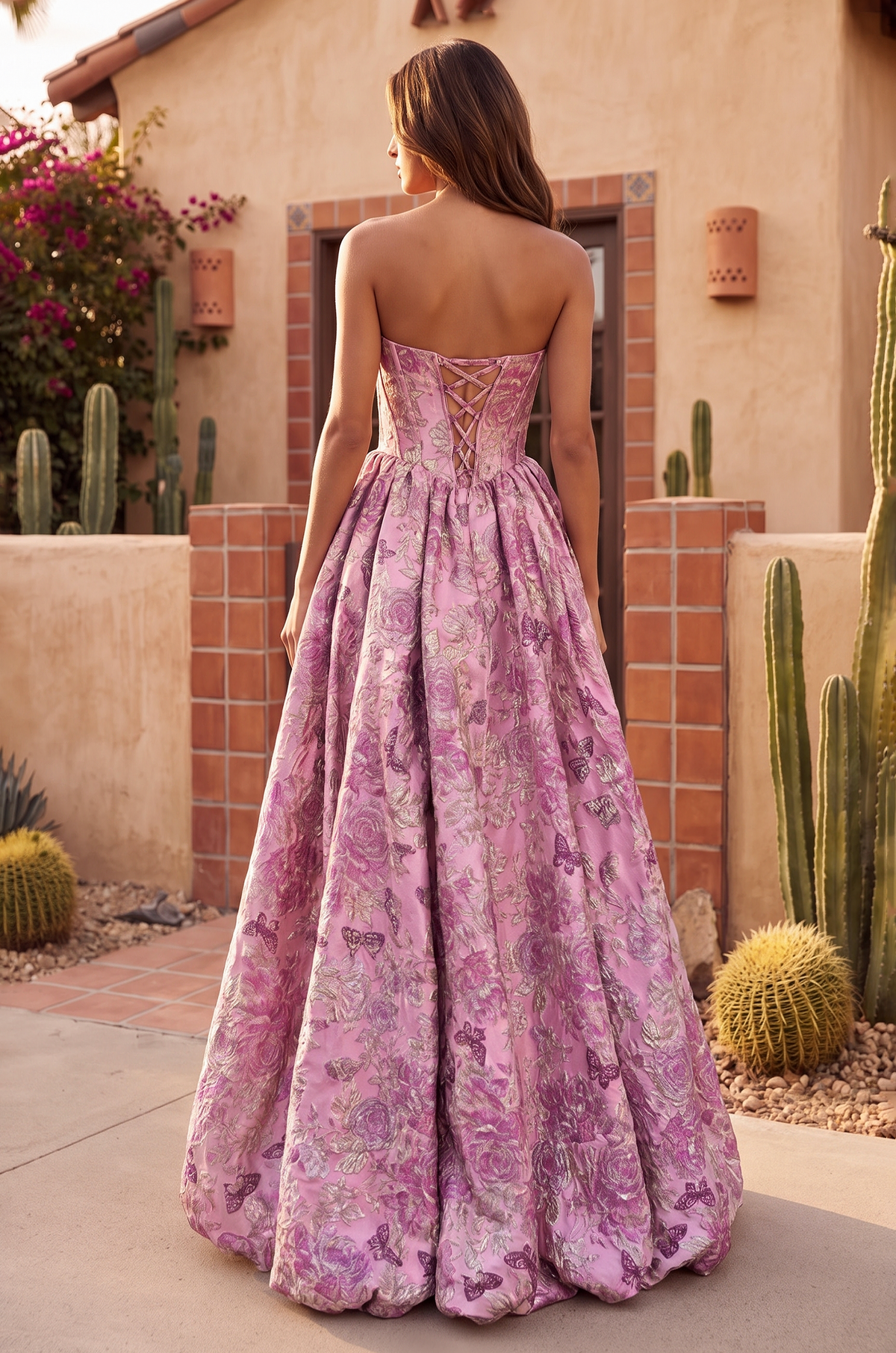 High Low Prom Dress Floral Jacquard Corset Ball Gown – Pink